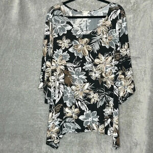 Brittany Black 2X Shirt Top Brown Floral Flower 3/4 Sleeve Scoop Neck Stretch